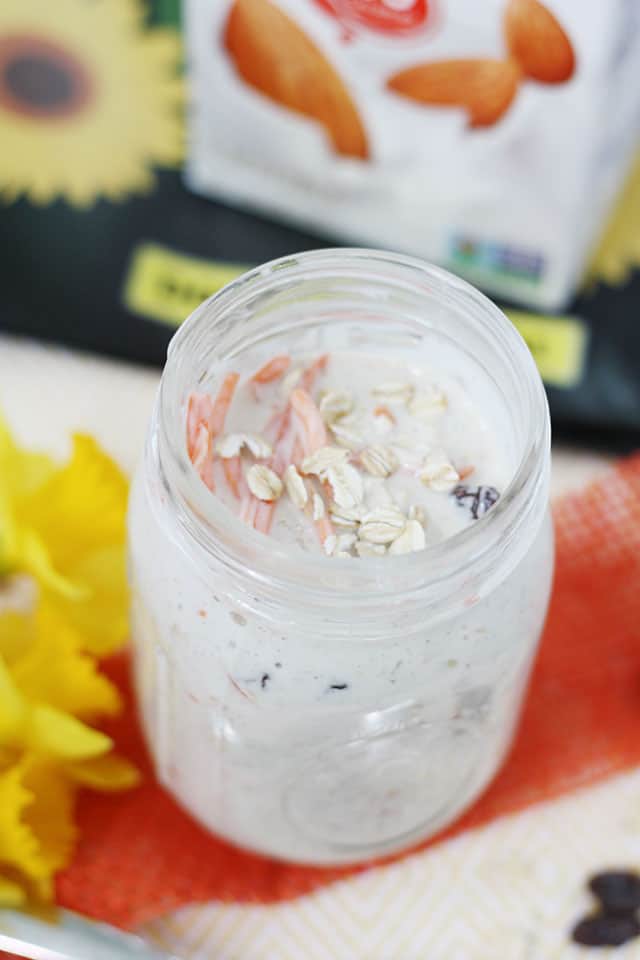 Top of mason jar filled with carrot cake overnight oats