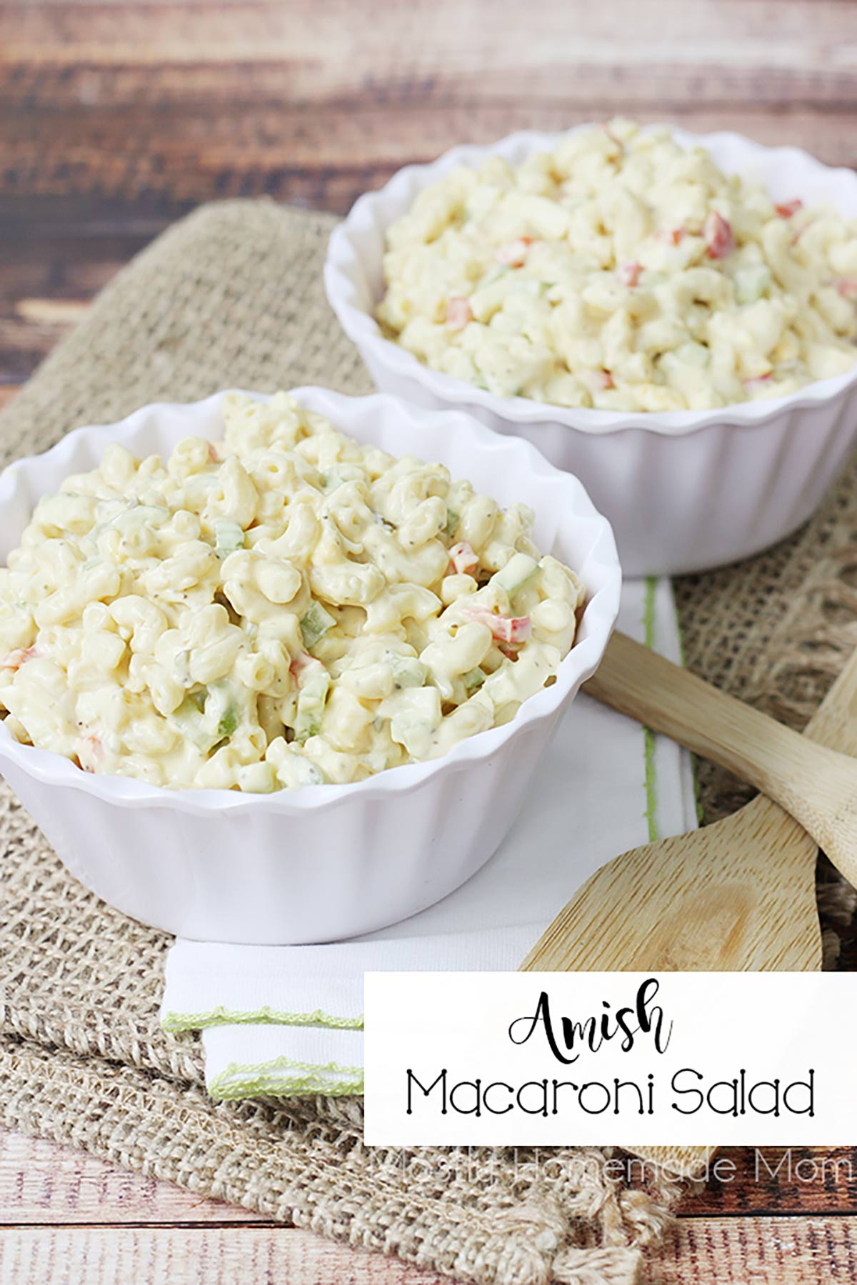 Amish macaroni salad in white bowls.