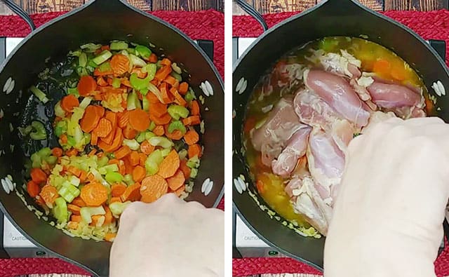 Cooking vegetables in a large soup pot and then adding chicken thighs and broth to the pot