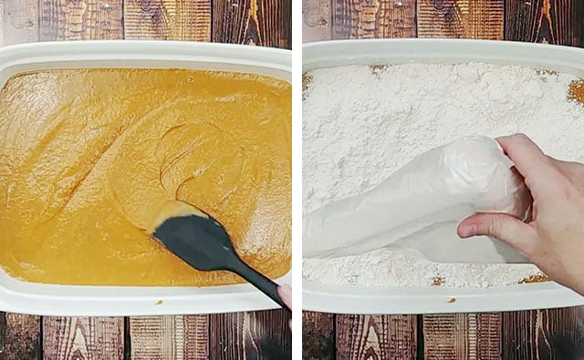 Spreading pumpkin mixture into a baking dish and topping it with dry cake mix