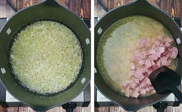 Cooking onions and adding ham and broth to a soup pot