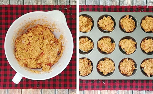 Mixing pizza muffins batter in a white mixing bowl and then dividing batter into a muffin tin