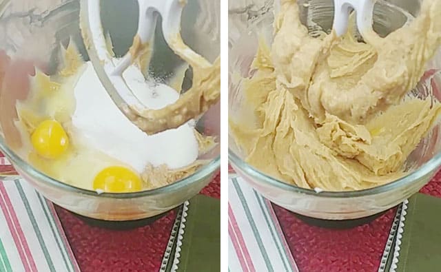 Adding in sugar and eggs to a stand mixer with cookie dough