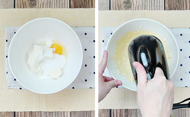 Beating cream cheese, sugar, and egg with an electric hand mixer