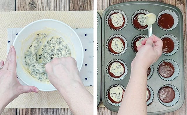 Layering chocolate cake mix and cream cheese topping in muffin tins