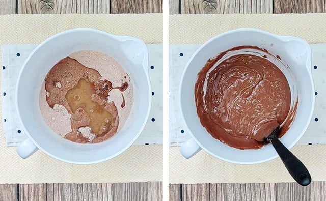 Adding wet ingredients to the chocolate cake batter