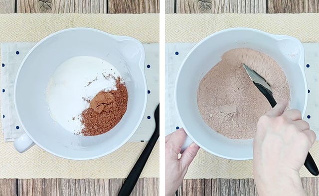 Stirring chocolate cake mix ingredients in a white mixing bowl