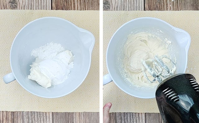 Beating softened cream cheese and powdered sugar with an electric mixer