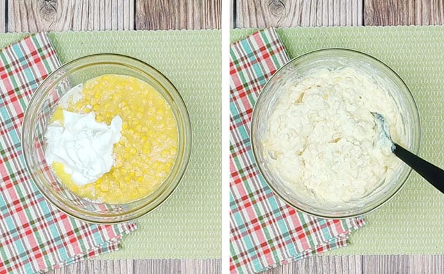 Mixing the corn souffle ingredients in a glass mixing bowl with a black spatula