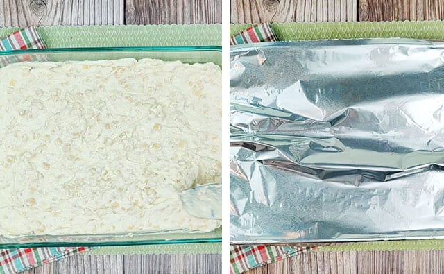 Spreading corn souffle ingredients into a baking dish and covering it with foil before baking in the oven
